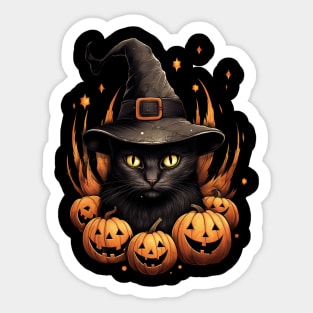 Black halloween cat with pumpkins Sticker